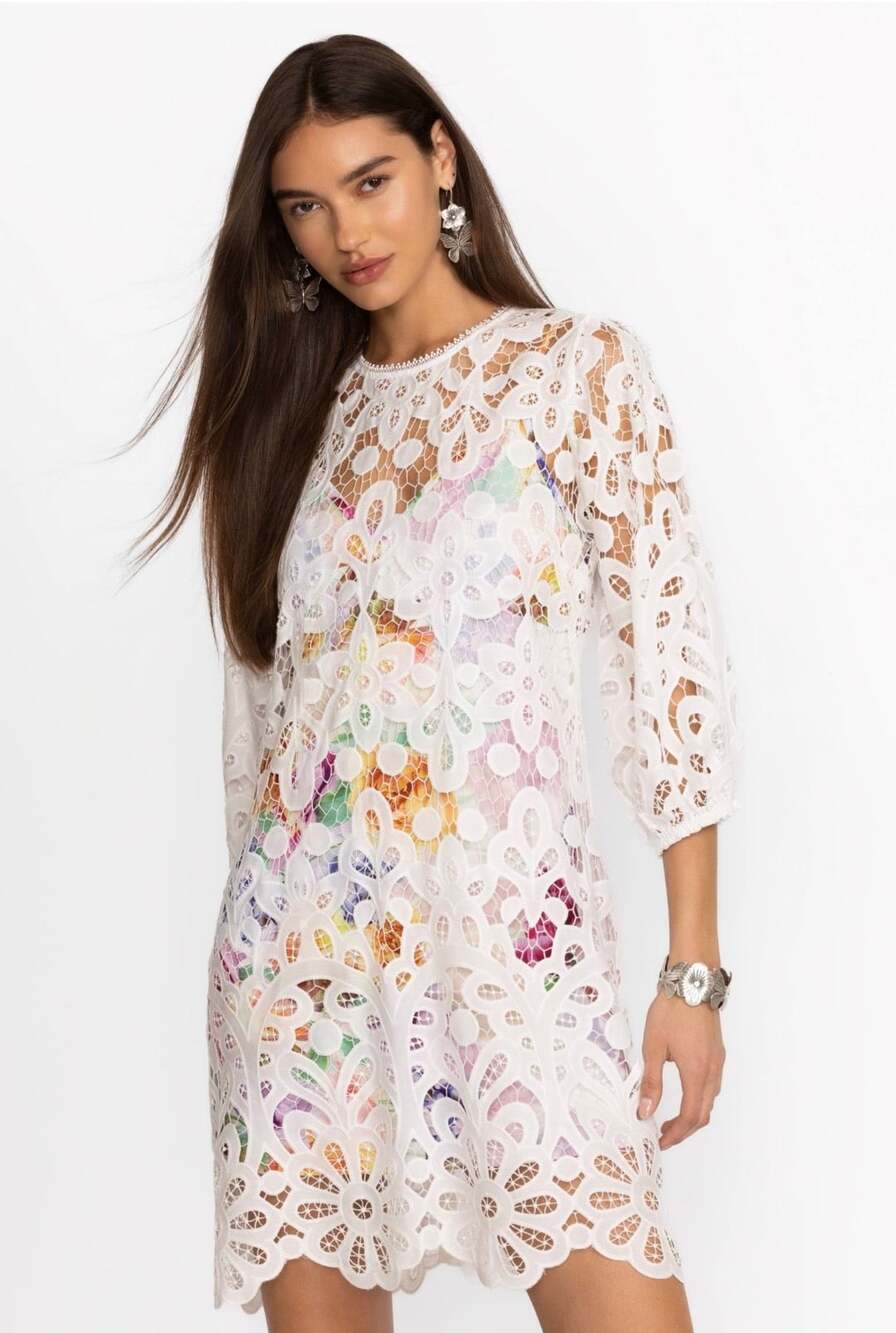 Johnny Was Lisetta Lace Mini Dress Size S White Floral Lining NWT